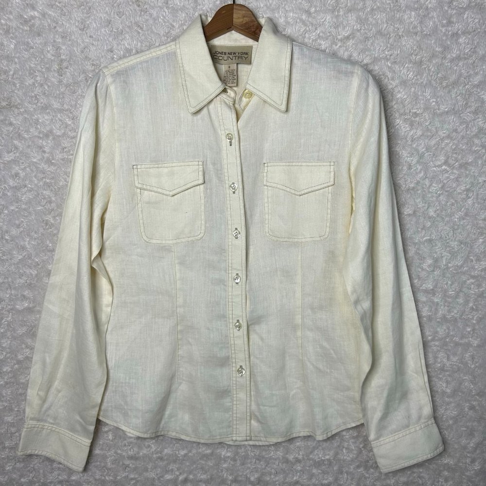 Jones New York Linen Button Down Shirt Long Sleeve Pockets Cream Size 8‎